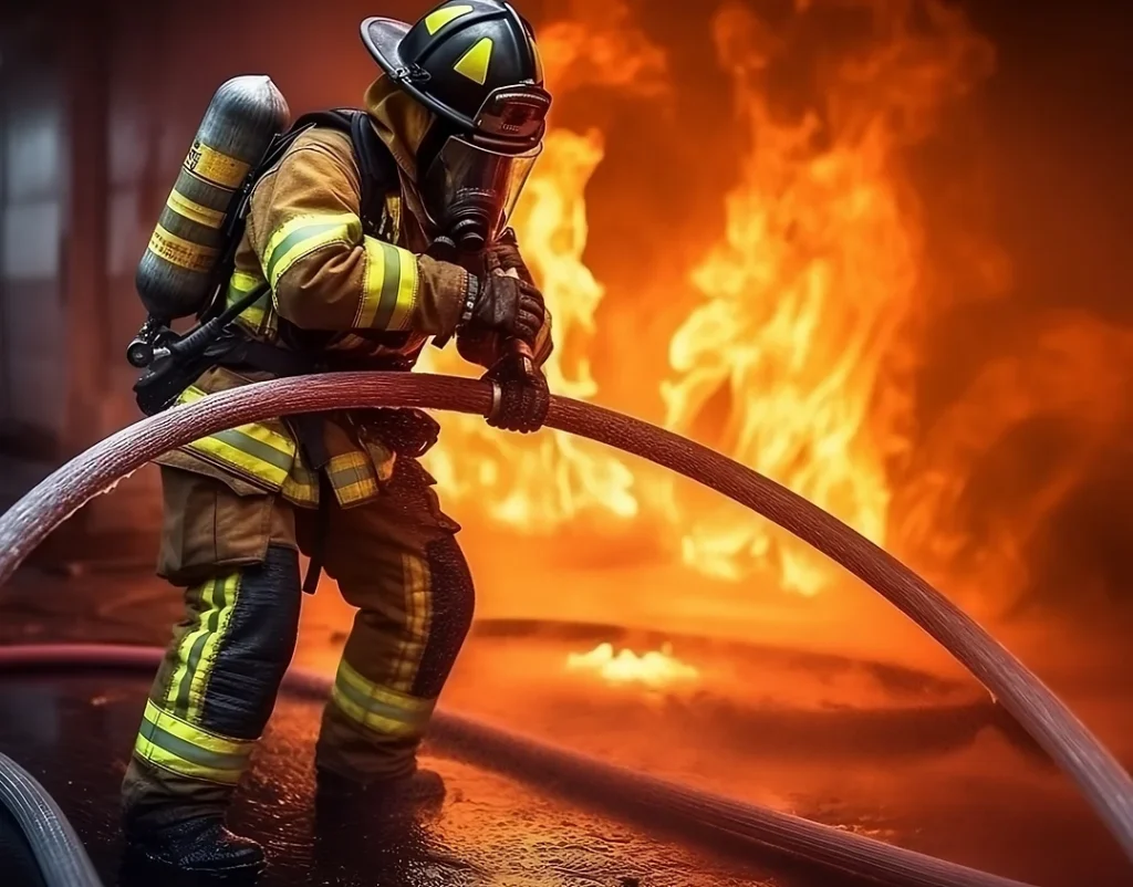Firefighter holding fire hose with fire in the background.