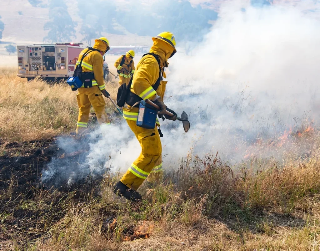 Three firefighters working to stop a grass fire.