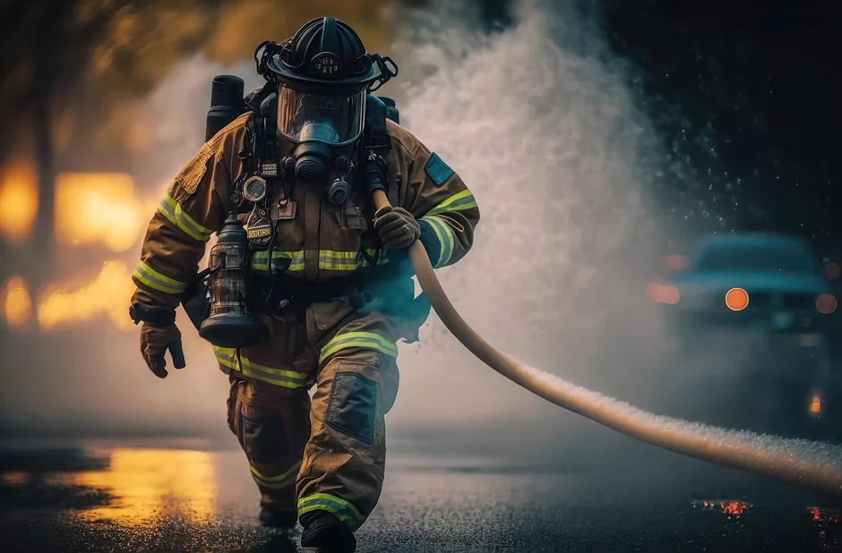 Firefighter walking determinedly with fire hose.