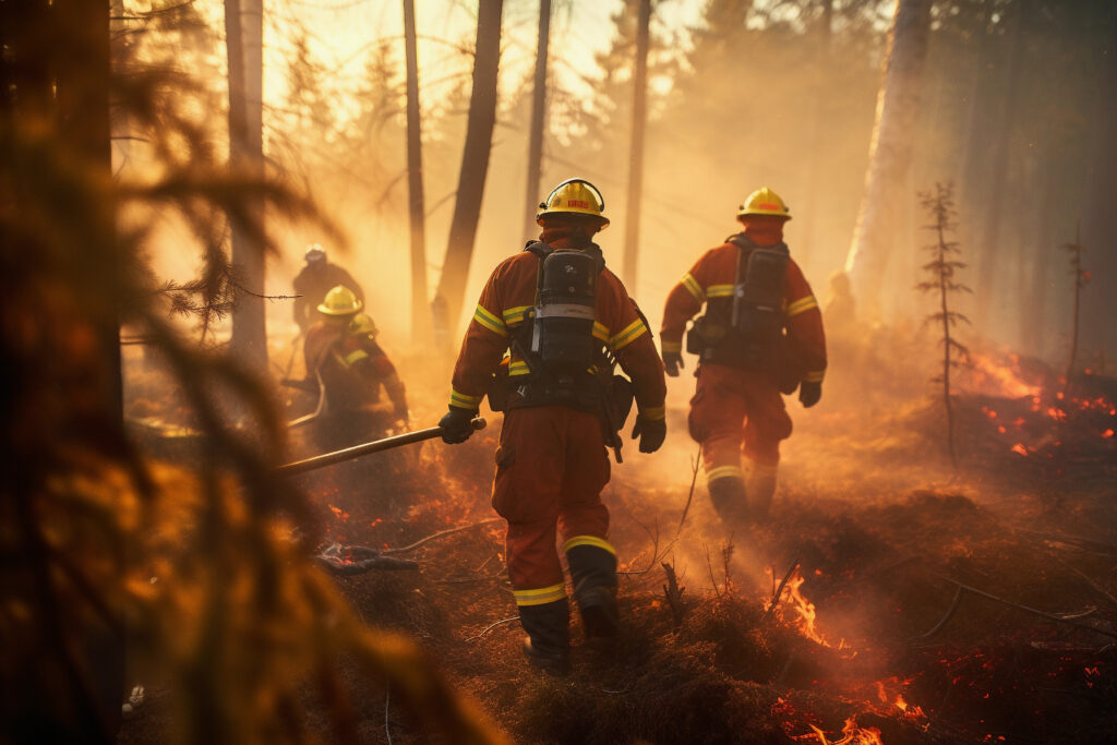 Firefighters walking through forest among small ground fires.